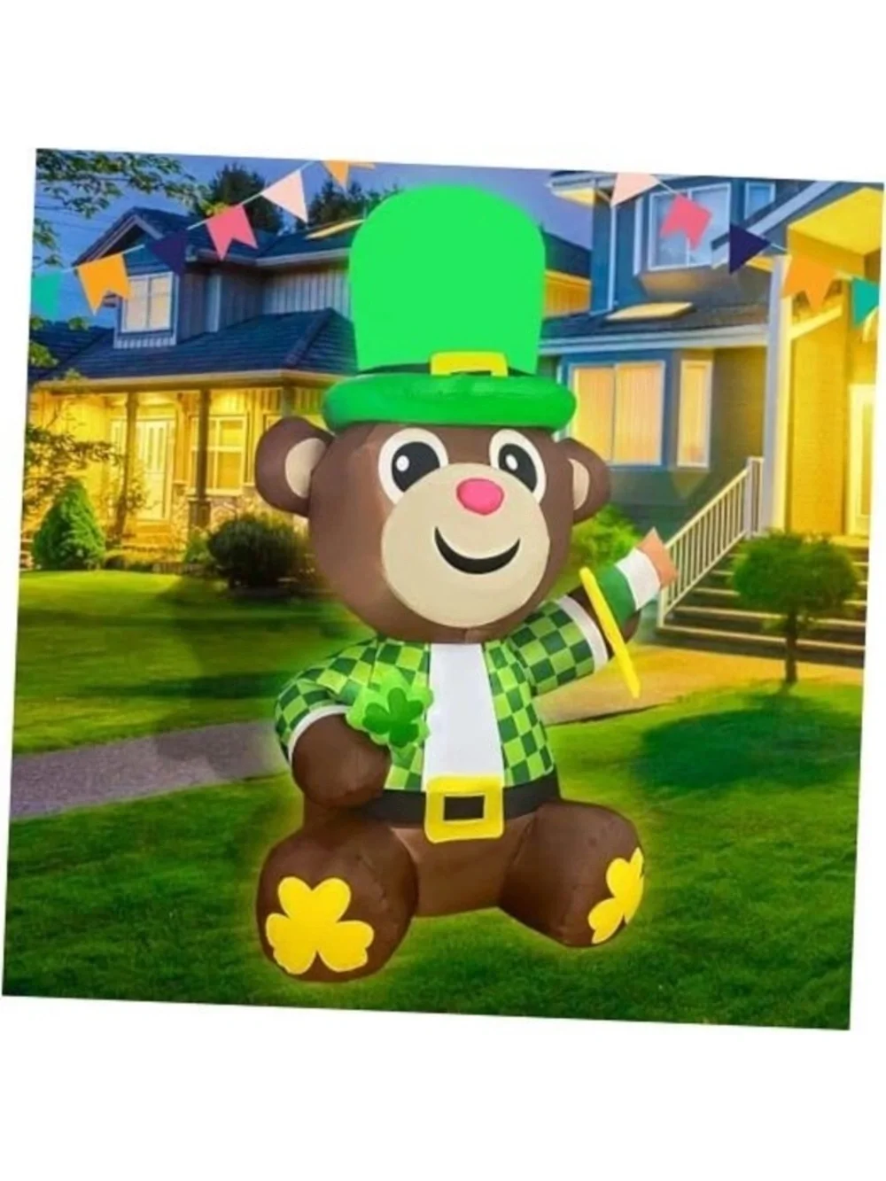 St Patricks Day Inflatable Bear Decoration LED Lighted Blow up for Home 4FT